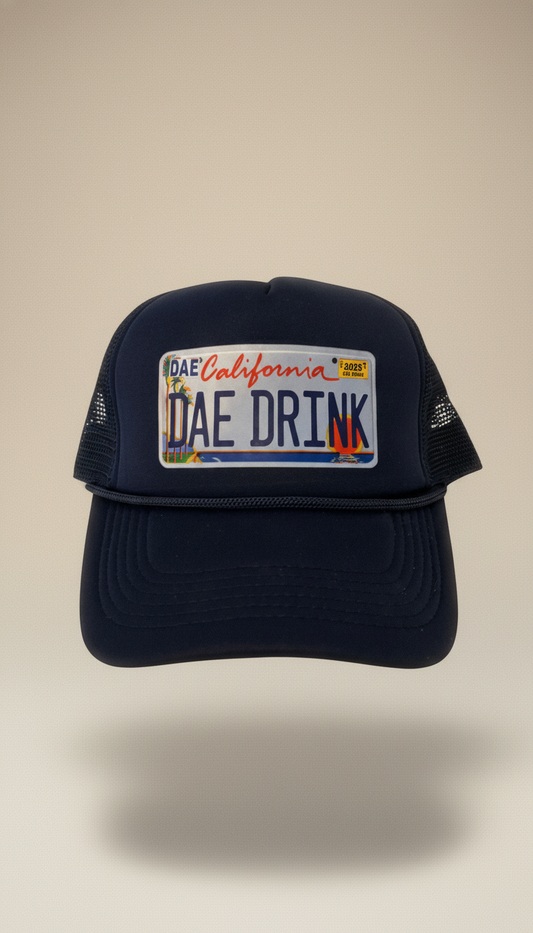 Navy blue cap with a license plate design on a beige background